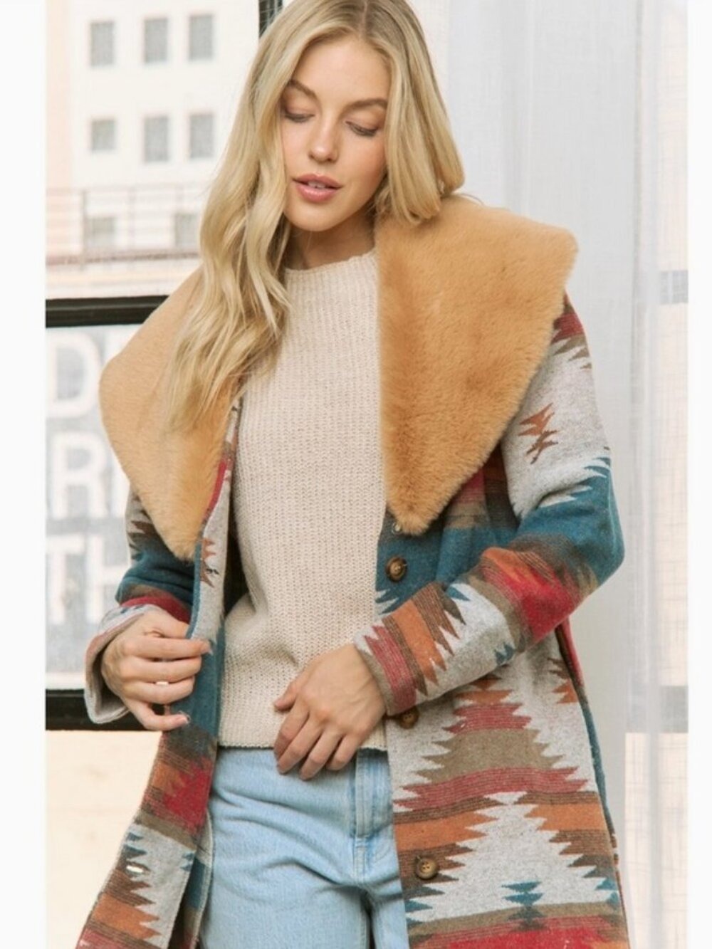 Aztec Jacket Shacket with Contrast Fur Showl Collar - Picture 7 of 13
